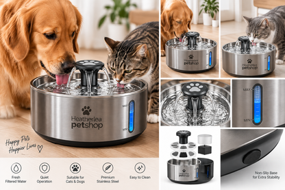 Heatherlea Pet Shop Stainless Steel Pet Water Fountain – Automatic Drinking Fountain for Cats & Dogs